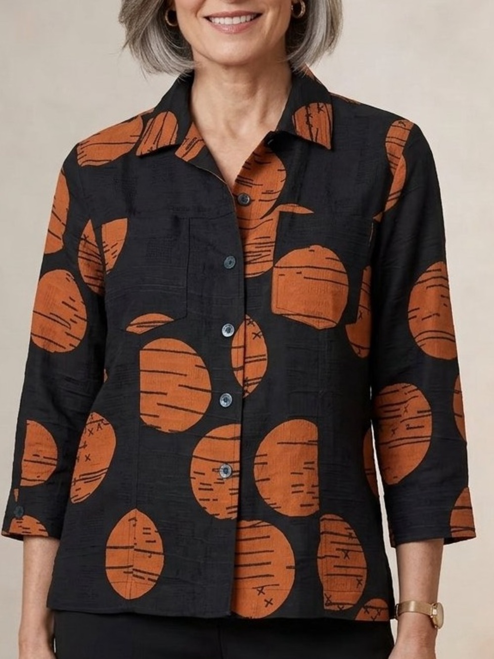 Chicos Silk and Linen blend Button-Front Black & Burnt Orange Printed Blouse